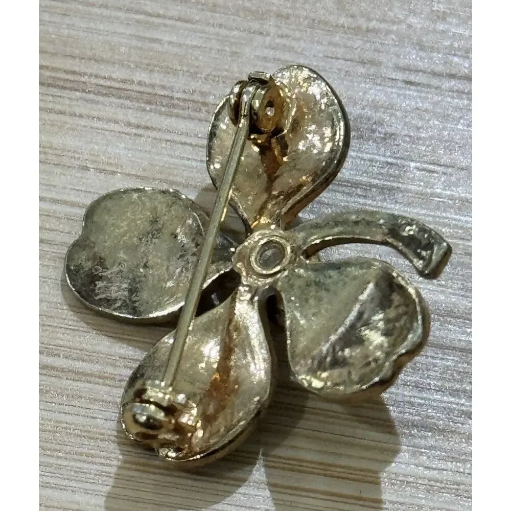 Vintage Green Enamel Shamrock Four Leaf Clover With Pearl Lucky Pin Brooch